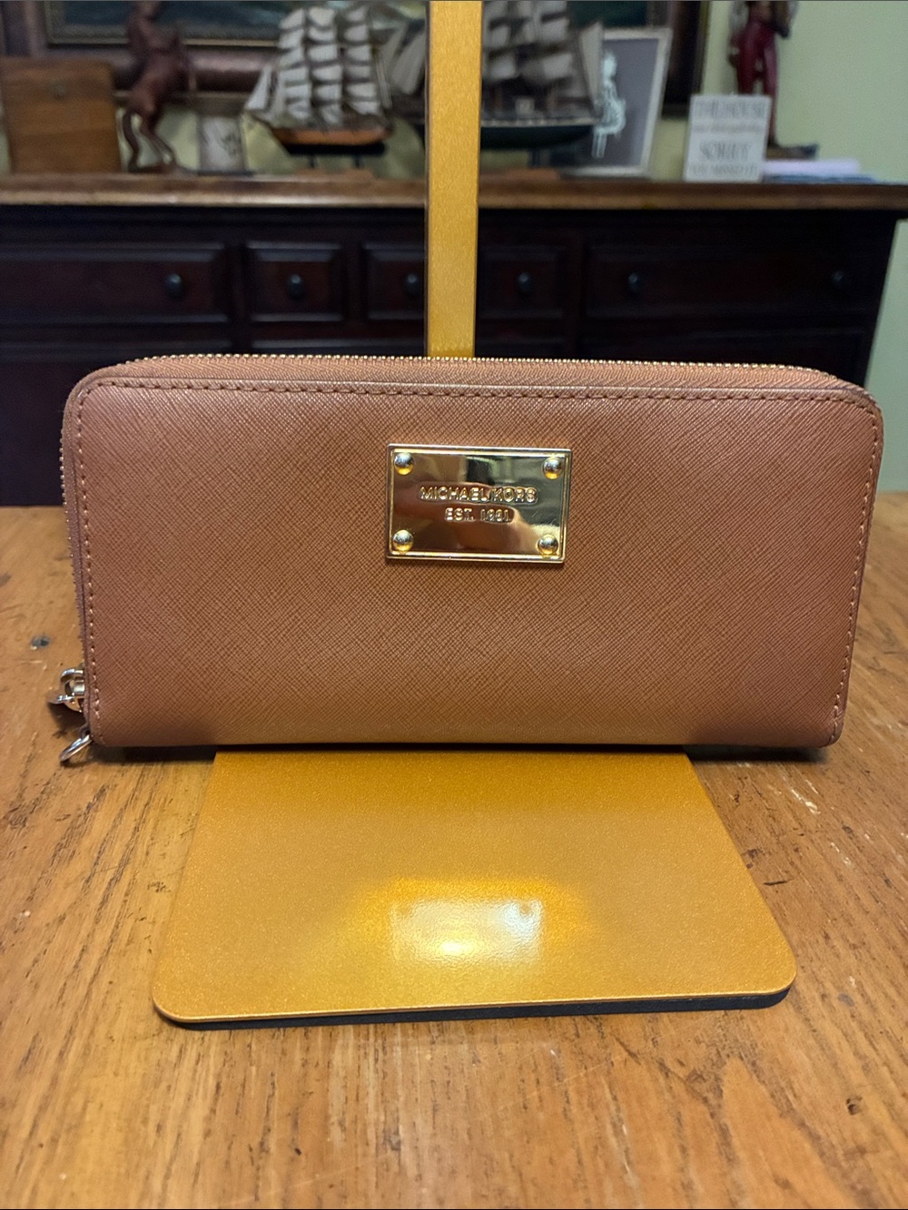 Michael Kors Brown Saffiano Zip Wallet with Gold Plaque